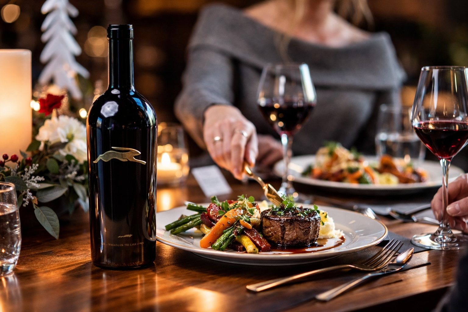 A plated dinner and a bottle of Hare red by candlelight