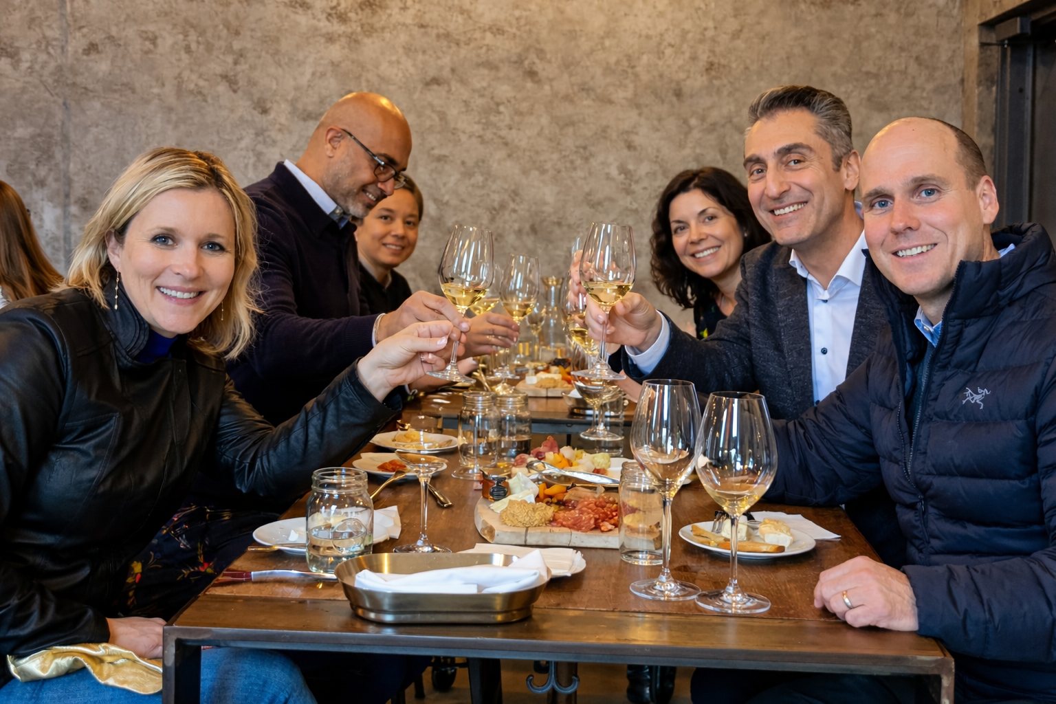 A group raising their glasses around a table in the tasting room