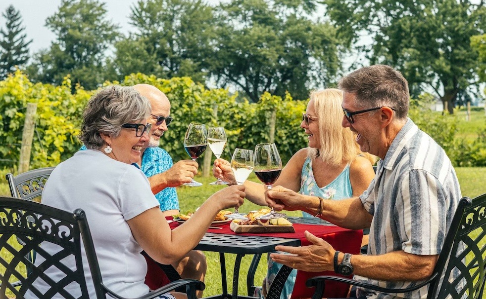 Four guests toasting at an outdoor table with the vines behind