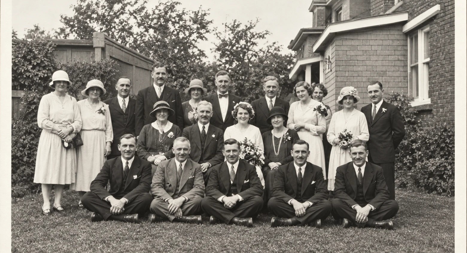 A Hare family wedding group photographed outside a brick house in the 1930s